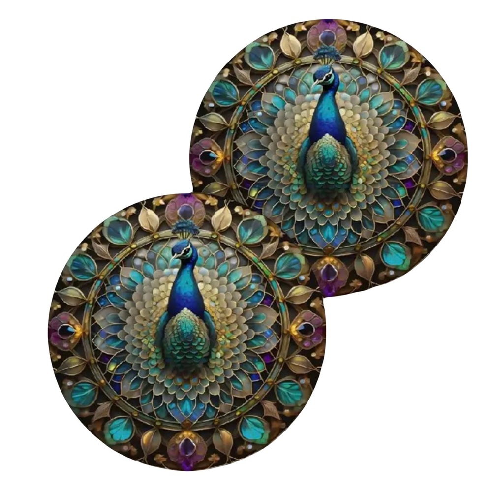 Peacock Faux Leather Coasters for Car or Home, Set of 2